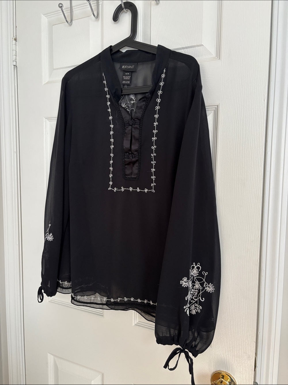 Lane Bryant Black Sheer Blouse with White Embroidery